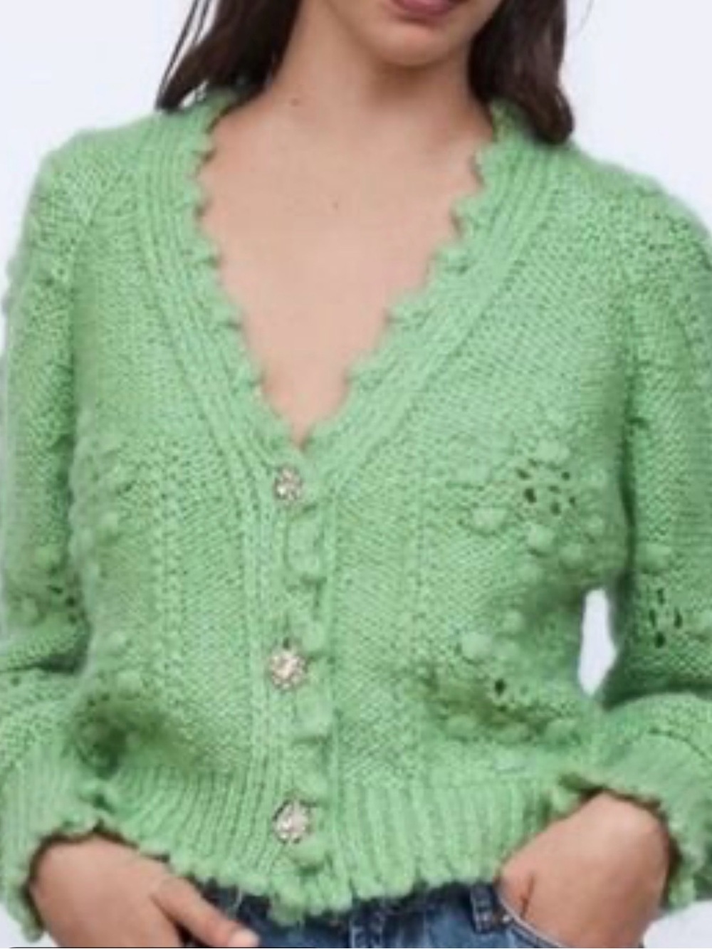 Zara Green Textured Knit Cardigan with Rhinestone Jewel Buttons - Size Small